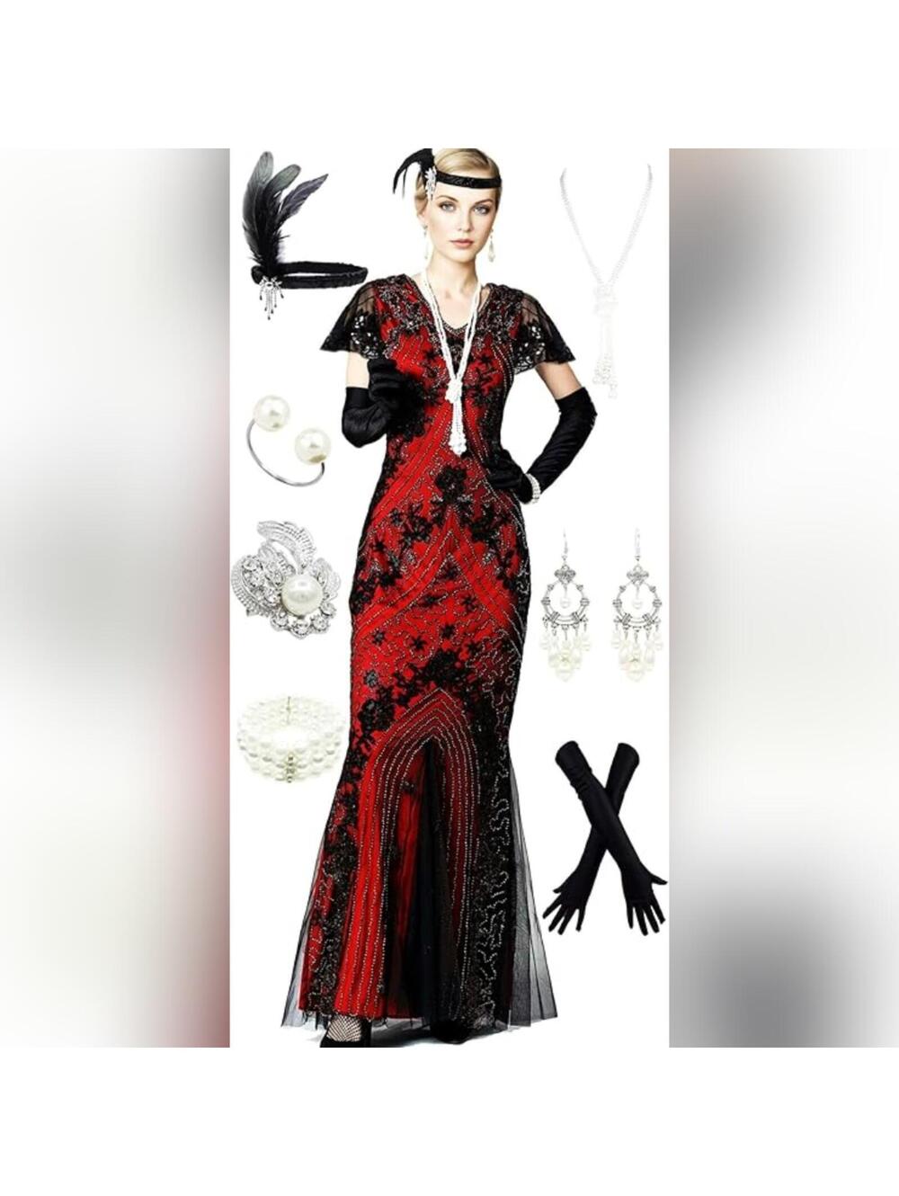 NWT Fundaisy 1920s Gatsby Beaded Mermaid Formal Dress & Accessories, Medium